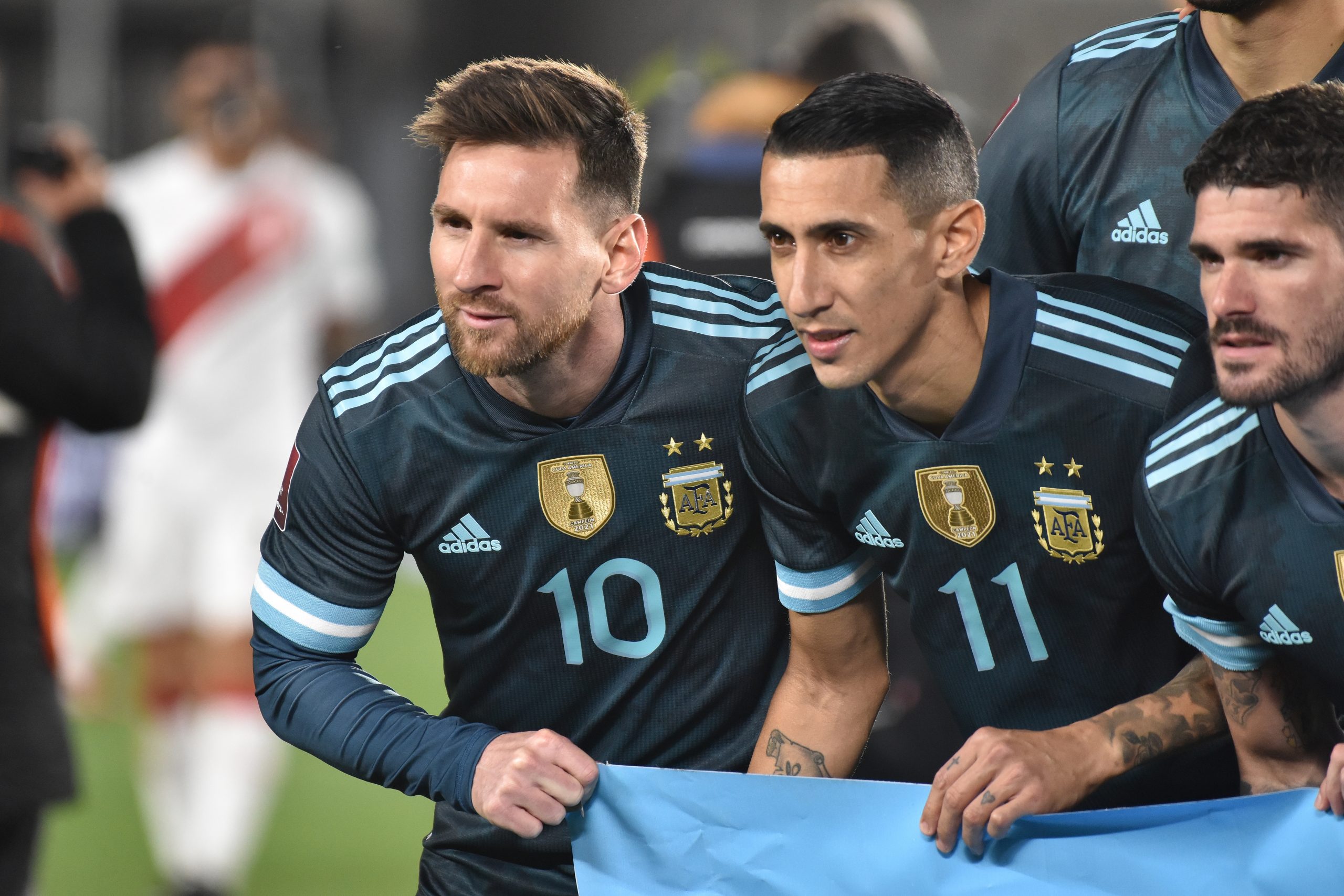 Ciudad de Buenos Aires, Argentina, 15 October 2021 Lionel Messi, Angel di María and Rodrigo de Paul during South American Eliminatoria Qatar 2022 match against Perú.